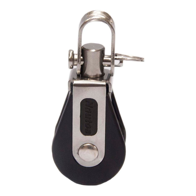 Poulie Simple à billes ø28mm avec émerillon, conçue pour les réglages fins sur dériveurs, offrant simplicité et performance pour la voile légère.