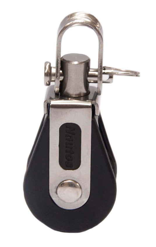 Poulie Simple à billes ø28mm + Émerillon avec une roue unique et émerillon, idéale pour systèmes de gréement sur dériveurs et catamarans.