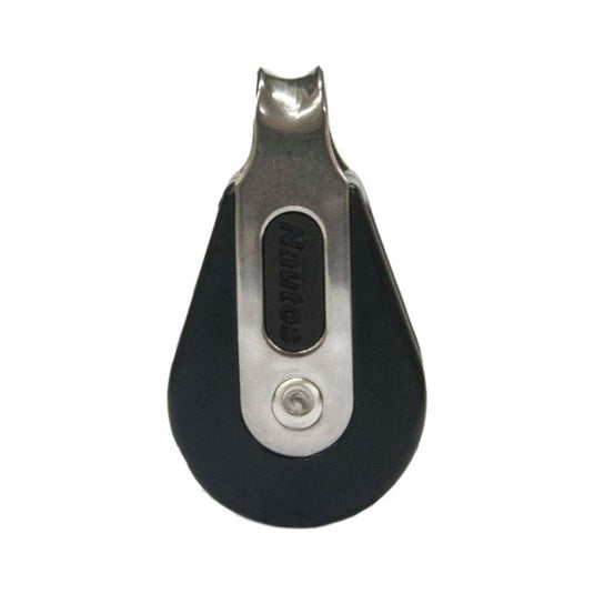 Poulie Simple à billes noire et argentée, gros plan d'une poulie haute performance pour voile légère, idéale pour dériveurs et habitables, diamètre ø28mm.