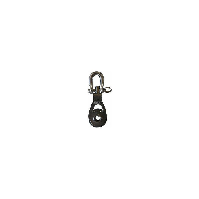 Poulie Simple Mininox ø20mm avec émerillon, conçue pour faible friction et haute capacité de charge, idéale pour performance et longévité en voile légère.