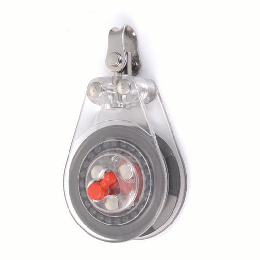 Poulie Winch à billes ø57mm Transparente avec boîtier en plastique clair, clip en acier et cordon rétractable, idéale pour l'écoute d'Optimist.