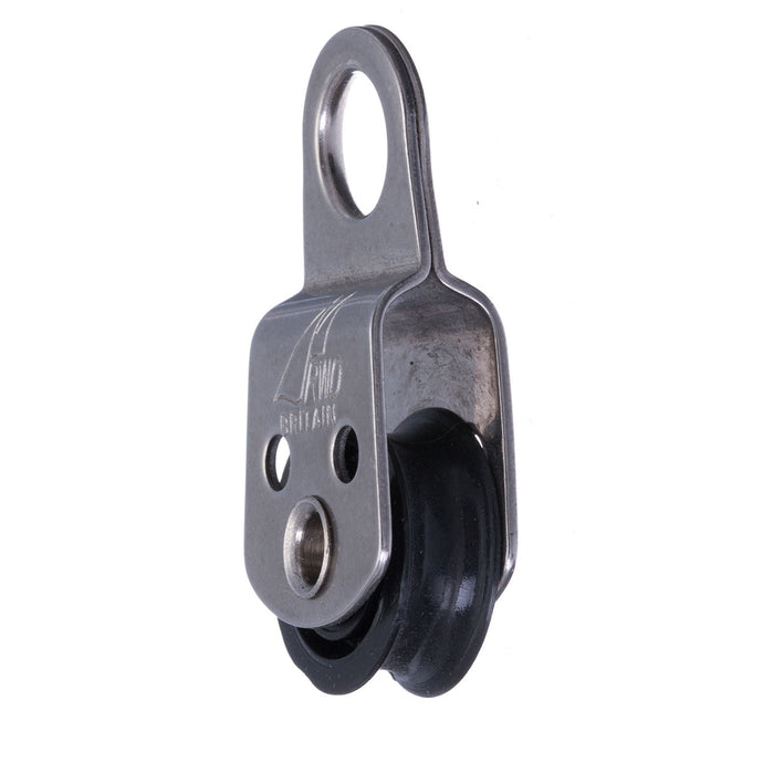 Poulie Simple à Oeil Micro en métal avec roue en caoutchouc, idéale pour voile légère et usages industriels. Parfaite pour ligne de 6mm à 8mm.