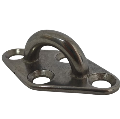 Platine inox 8mm losange pour ancrage bateau, charge 2250kg, fixation 4x6mm, dimensions 43x66mm, hauteur 21mm, diamètre fil 8mm, idéal pour voile légère.