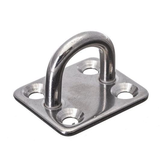 Platine inox 6mm rectangulaire standard pour ancrage sur bateau, charge de rupture 1600kg, fixation par 4 trous, adaptée pour voile légère et catamarans.