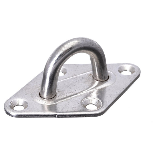 Platine inox ø8mm en forme de losange pour ancrage bateau, fixation 4 x 5mm, dimensions 48 x 79mm, hauteur 32mm, charge de rupture 2000kg.