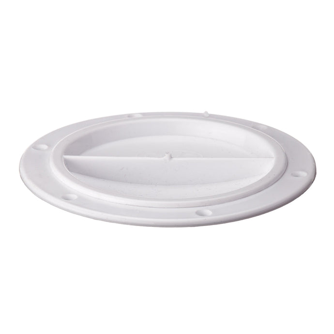 Trappe de visite ø100mm 1/2 Tour avec couvercle plastique blanc perforé, diamètre de fixation 108mm, idéale pour accastillage voile légère et applications nautiques.