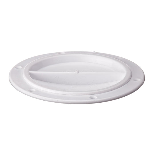 Trappe de visite ø100mm 1/2 Tour avec couvercle plastique blanc perforé, diamètre de fixation 108mm, idéale pour accastillage voile légère et applications nautiques.