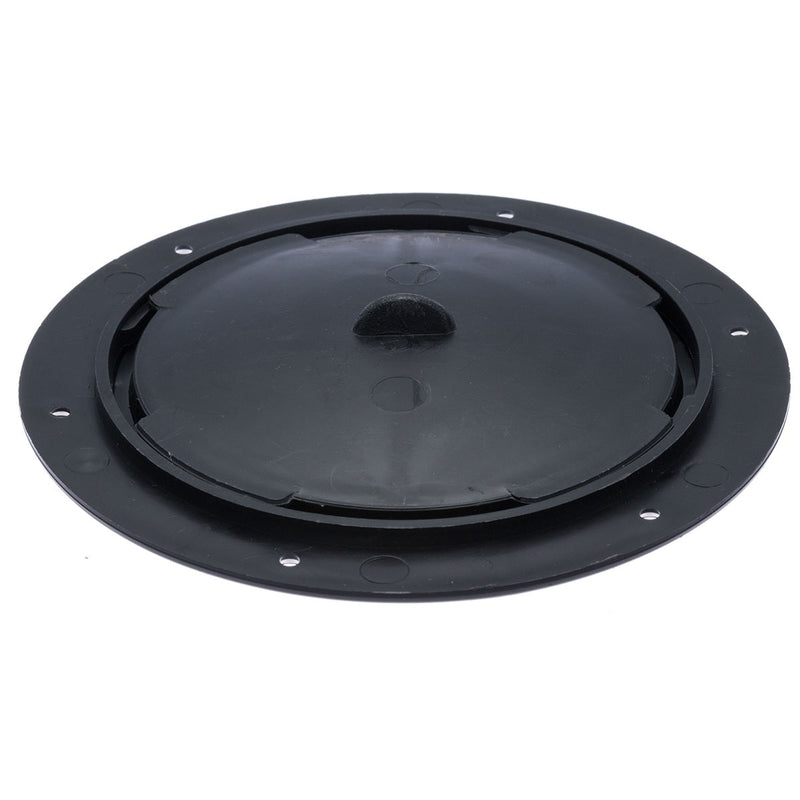 Laden Sie das Bild in Galerie -Viewer, Trappe de visite noire ø100mm avec trous, idéale pour dériveurs et catamarans, fixation diamètre 108mm, adaptée à l&#39;équipement nautique léger.
