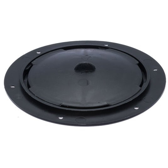 Trappe de visite noire ø100mm avec trous, idéale pour dériveurs et catamarans, fixation diamètre 108mm, adaptée à l'équipement nautique léger.
