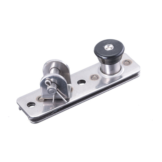 Chariot pour Rail RWO inox avec Emerillon, pièce métallique avec bouton noir et crochet, pour rail en acier inoxydable de 16/19 mm, longueur 62 mm.