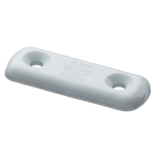 Plaquette Sangle Blanche 50mm, objet rectangulaire avec trous, idéal pour fixer une sangle sur un pont, longueur totale 50mm, entraxe de perçage 30mm.