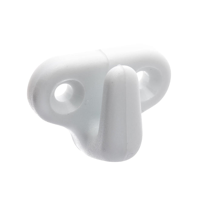 Crochet à visser en plastique blanc 4mm avec deux trous de fixation de 5mm, idéal pour accastillage nautique léger.
