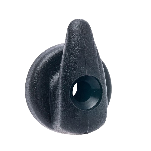 Crochet à Visser Plastique noir 5mm, conçu pour cordage de 3-4mm, avec un trou central, idéal pour accastillage voile légère. Dimensions : 28x22mm, fixation par vis ø5mm.