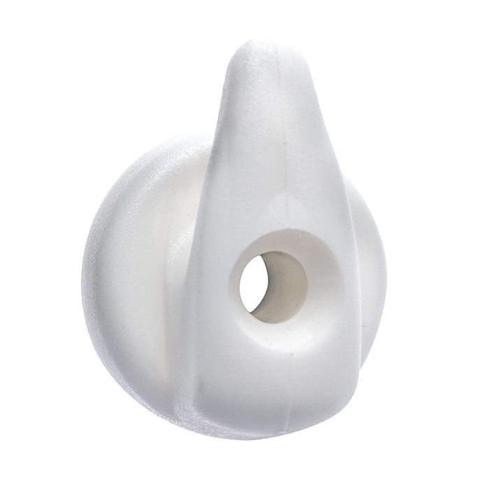 Crochet à Visser Plastique blanc 5mm, objet blanc circulaire avec trou central, idéal pour cordage ø3 à 4mm, fixation par vis ø5mm.