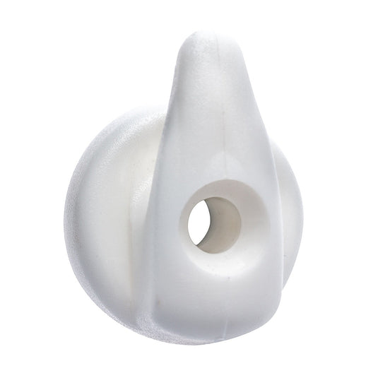Crochet à Visser Plastique blanc 5mm, objet blanc circulaire avec trou central, idéal pour cordage ø3 à 4mm, fixation par vis ø5mm.