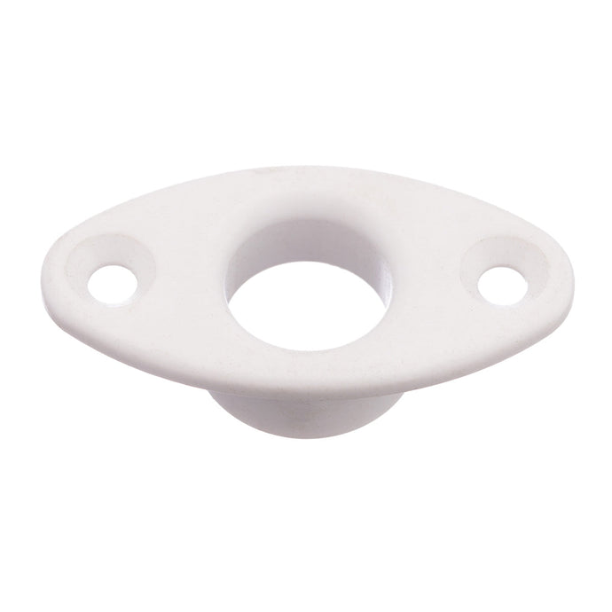 Écubier à visser blanc, objet en plastique perforé, essentiel pour l'accastillage nautique, adapté aux dériveurs et catamarans, avec ouverture centrale pour applications maritimes.