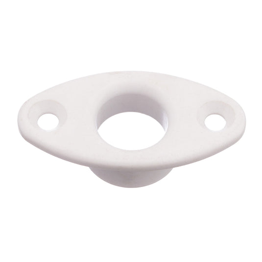 Écubier à visser blanc, objet en plastique perforé, essentiel pour l'accastillage nautique, adapté aux dériveurs et catamarans, avec ouverture centrale pour applications maritimes.