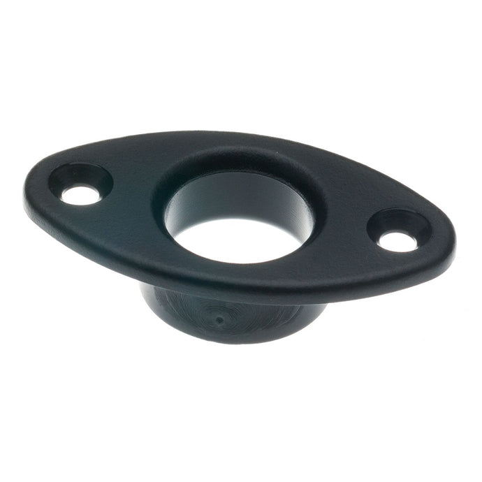 Écubier à visser noir, objet rond en métal avec ouverture centrale, adapté pour dériveurs et catamarans, optimisant l'accastillage en voile légère.