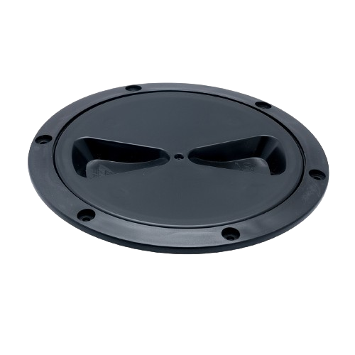 Trappe de Visite ø125mm, en plastique noir, avec couvercle rond et six trous de fixation, idéale pour dériveurs et catamarans, étanche avec joint inclus.