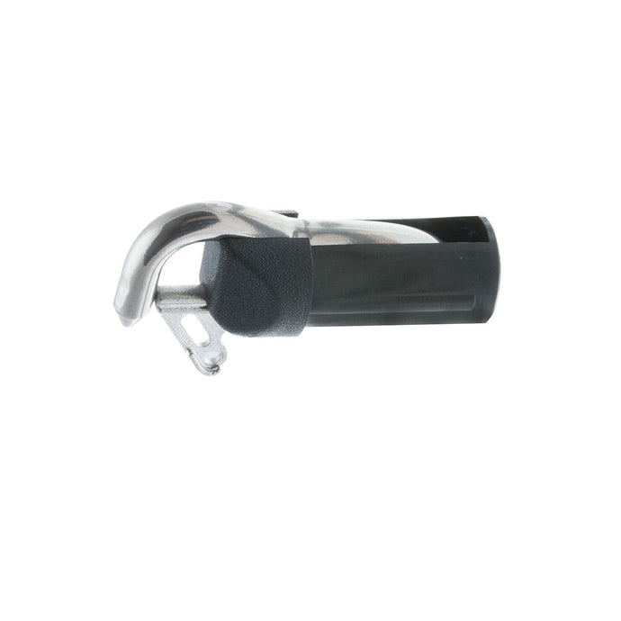 Embout de Tangon Dériveur en aluminium ou nylon avec tige de piston, crochet et ressort inox, adaptable aux tubes de différents diamètres.