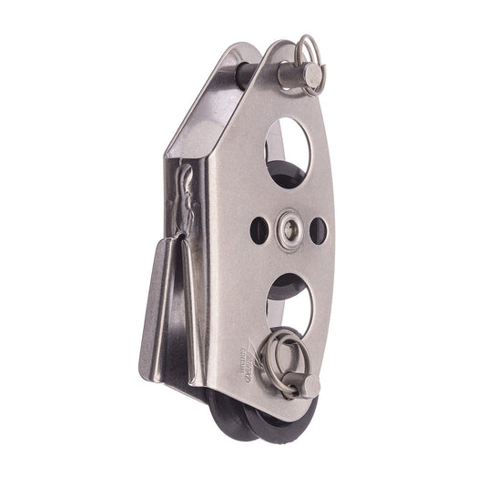 Poulie Violon avec Coinceur ø25mm en inox, idéale pour voile légère et usages industriels, supportant une charge de rupture de 650kg et un diamètre de ligne max de 8mm.