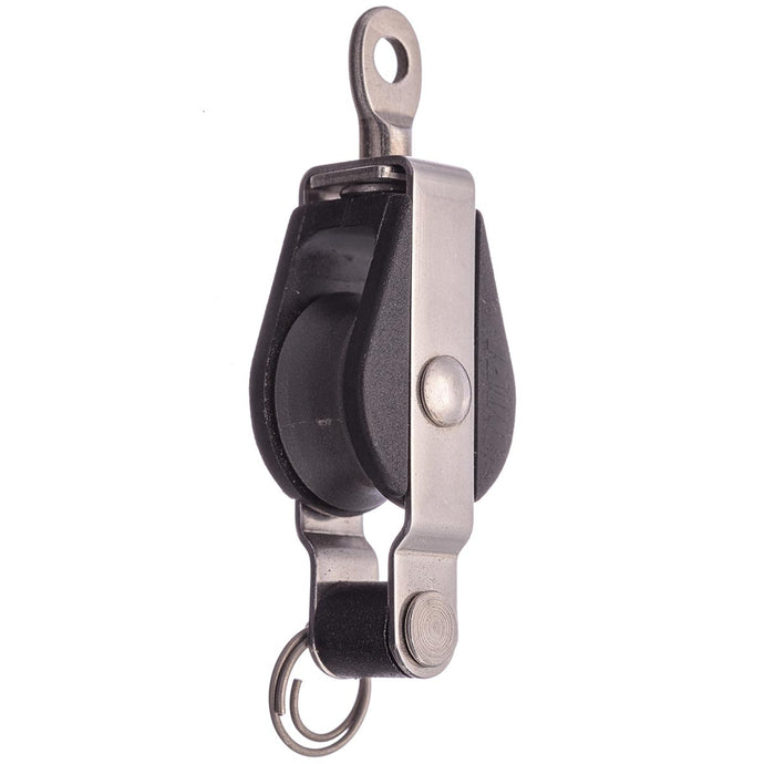 Poulie à Ringot à billes ø19mm avec émerillon, idéale pour la voile légère, robuste avec charge utile de 130kg et rupture à 450kg.
