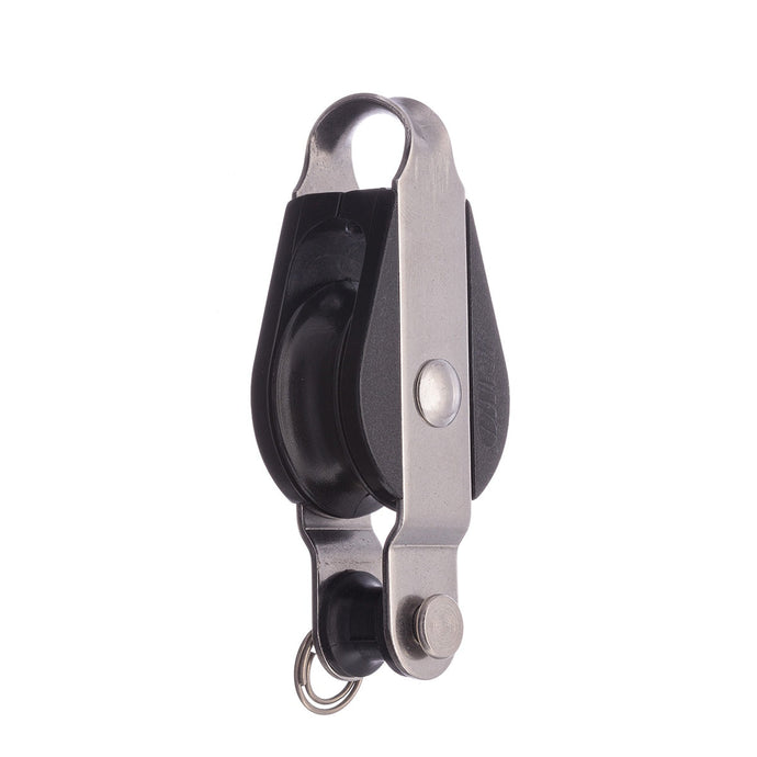 Poulie à Ringot à billes ø28mm, robuste et économique, idéale pour la voile légère. Charge utile de 140kg et charge rupture de 850kg.