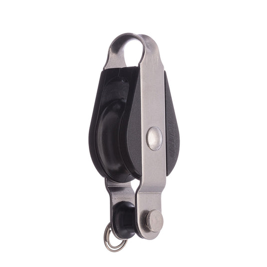 Poulie à Ringot à billes ø28mm, robuste et économique, idéale pour la voile légère. Charge utile de 140kg et charge rupture de 850kg.