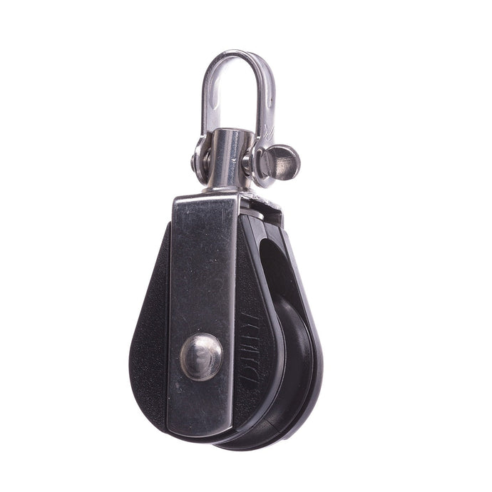 Poulie Simple à billes ø28mm pour dériveurs, qualité robuste, charge utile 140kg, rupture 850kg, idéale pour voile légère, proposée par Yachting Thommeret.