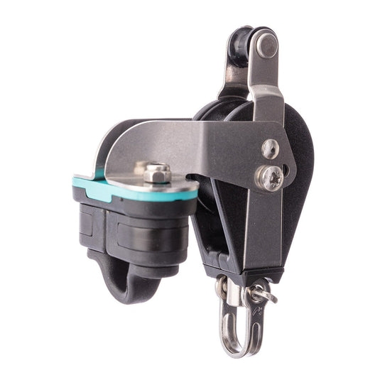 Poulie avec Taquet à billes ø38mm + Ringot, robustesse pour voile légère, charge utile 230kg, rupture 900kg, idéale pour dériveur et catamaran.