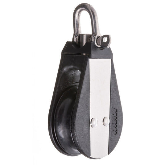Poulie Simple à billes + Émerillon avec flasques en acier inoxydable et réa en plastique, idéale pour applications marines et industrielles, dotée d'un émerillon pivotant.