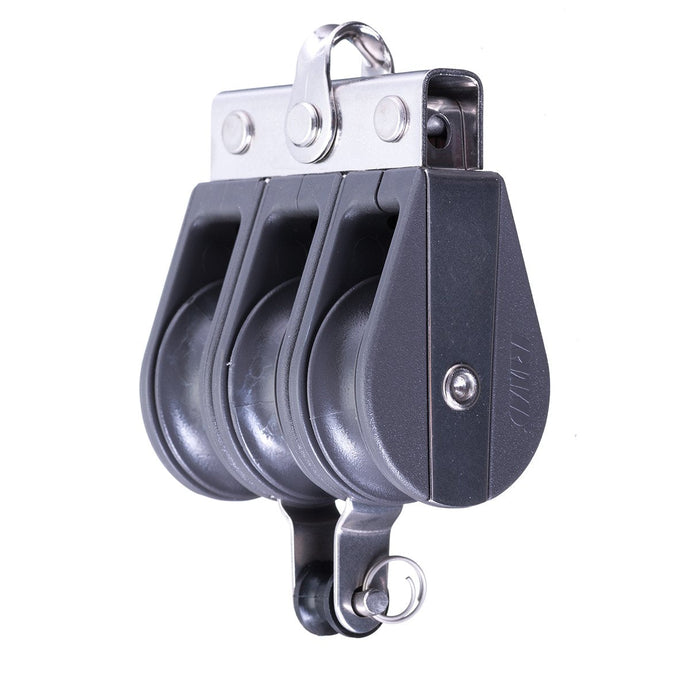 Poulie Triple Nova à ringot pour dériveur, robuste et économique, avec ligne max de 8mm et charge utile de 430kg, idéale pour voile légère.