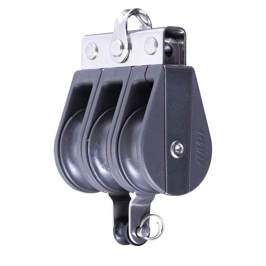 Poulie Triple Nova à ringot pour dériveur, robuste et économique, avec ligne max de 8mm et charge utile de 430kg, idéale pour voile légère.