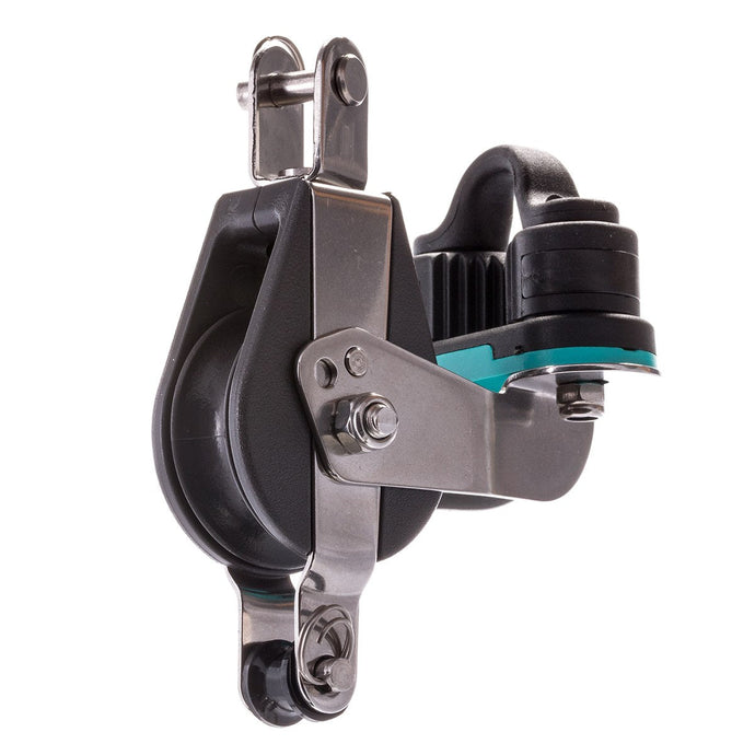 Poulie avec Taquet Nova ø38mm, robuste et économique, idéale pour voiliers légers; charge utile 450kg, charge rupture 900kg, ligne max 10mm.