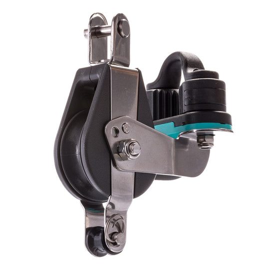 Poulie avec Taquet Nova ø38mm, robuste et économique, idéale pour voiliers légers; charge utile 450kg, charge rupture 900kg, ligne max 10mm.