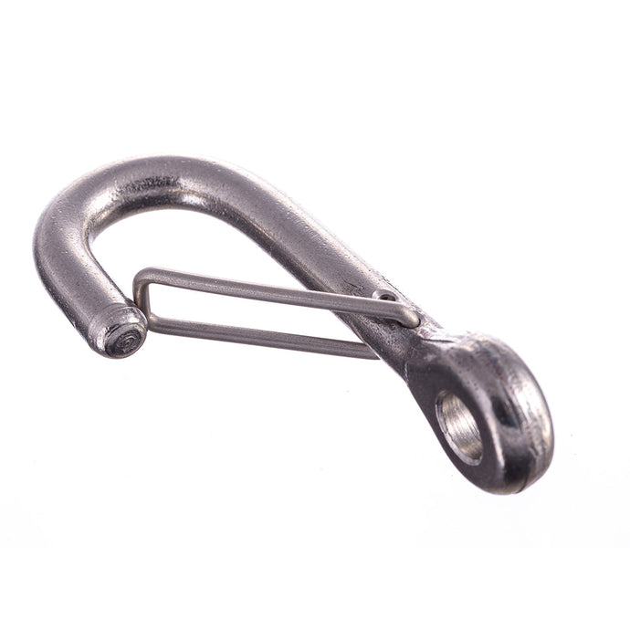 Crochet Inox avec Sécurité et Œil ø6mm 90°, ouverture 14mm, charge 300Kg, idéal pour dériveurs et catamarans, disponible chez Yachting Thommeret.