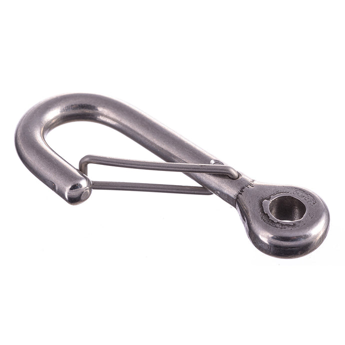 Crochet Inox avec Sécurité et Œil ø6mm, ouverture 14mm, fil 6mm, charge de rupture 300kg, idéal pour équipements de voile légère et nautisme professionnel.