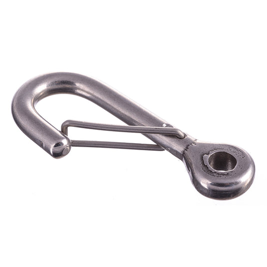 Crochet Inox avec Sécurité et Œil ø6mm, ouverture 14mm, fil 6mm, charge de rupture 300kg, idéal pour équipements de voile légère et nautisme professionnel.