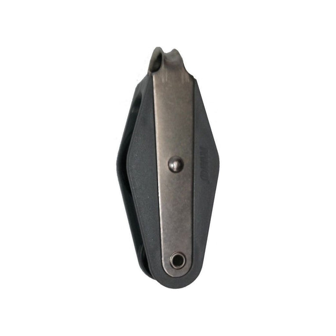 Poulie Violon ø45mm robuste, noire et argentée, pour voile légère, idéale pour lignes jusqu'à 10mm, charge utile 600kg, rupture 1200kg.