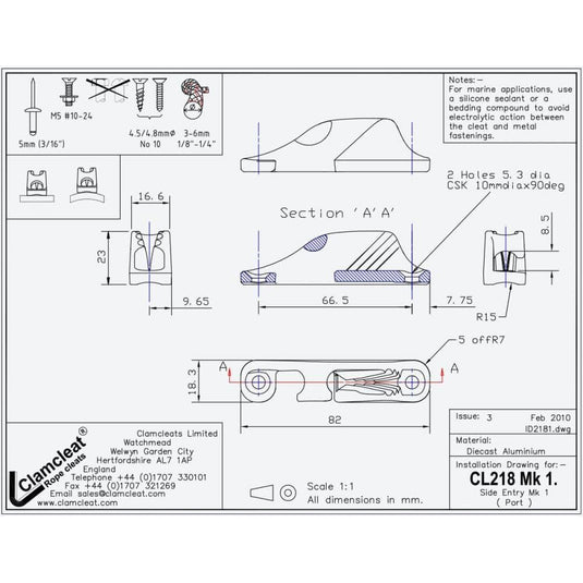 ClamCleat® Alu Ouvert Babord ø3 à 6mm, guide-câble pour fixer et libérer facilement les cordages, idéal pour les voiliers légers et catamarans.