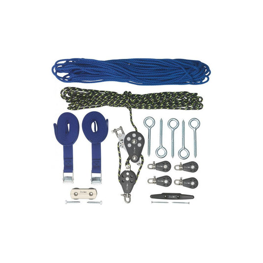 Système de Stockage Porte-bateau/kayak/paddle 3:1 avec cordes, poulies SkyLock de Barton, sangles tissées pour maximiser l'espace de rangement.