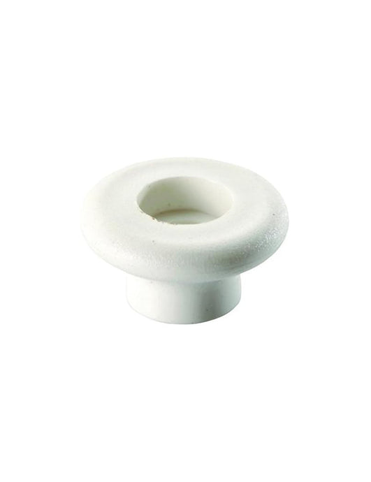 Bouton de Laçage plastique blanc, idéal pour la voile légère. Convient aux bouts jusqu'à 6mm, diamètre de perçage 5mm, largeur 18mm, pour un usage nautique spécialisé.