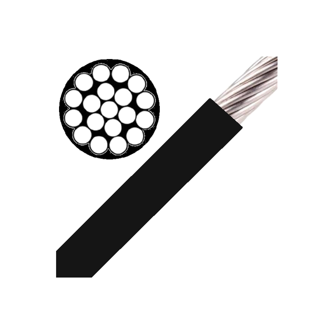 Câble Inox monotoron 1x19 gainé noir, gros plan sur un câble tressé noir et blanc, idéal pour dériveurs et catamarans de sport.