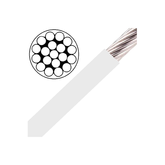 Câble Inox monotoron 1x19 gainé blanc, gros plan montrant un câble tressé, idéal pour accastillage de dériveurs et catamarans de sport.