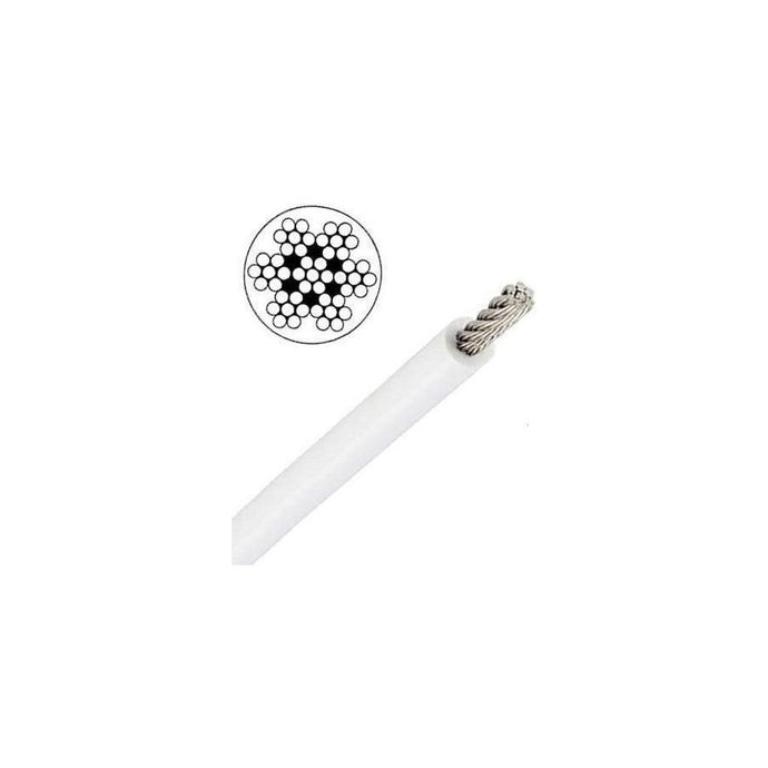 Gros plan sur le Câble Inox souple 7x7 - gainé blanc, idéal pour accastillage voile légère, distribué par Yachting Thommeret.