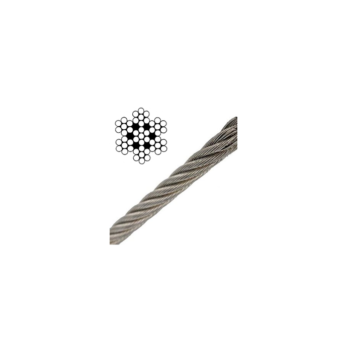 Câble Inox monotoron 1x19 non gainé, gros plan sur la structure du câble, idéal pour des applications nautiques de voile légère.