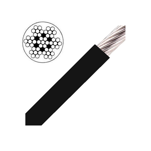 Câble Inox souple 7x7 gainé noir, conçu pour flexibilité et résistance, illustré avec coupe transversale des torons. Idéal pour applications nautiques et voile légère.