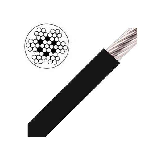 Câble Inox souple 7x7 gainé noir, conçu pour flexibilité et résistance, illustré avec coupe transversale des torons. Idéal pour applications nautiques et voile légère.