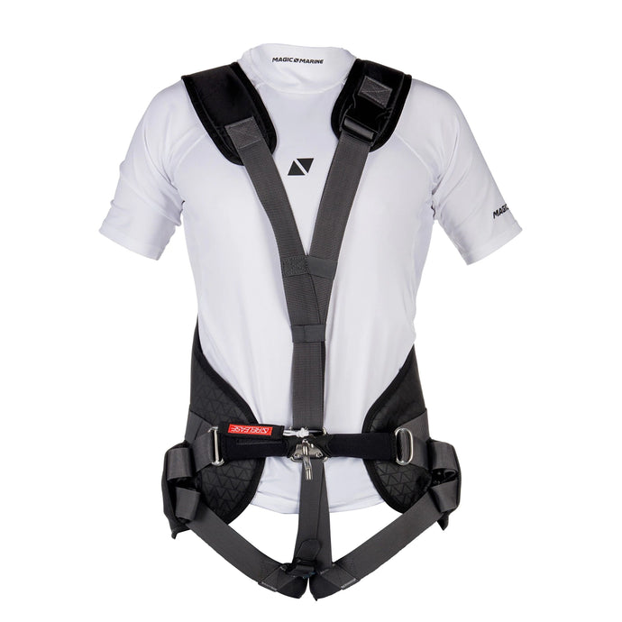 Ceinture de Trapèze SMART Magic Marine avec bretelles rembourrées, boucles cachées, coussinet dorsal ajustable, sangles en néoprène et crochet de sécurité rapide.