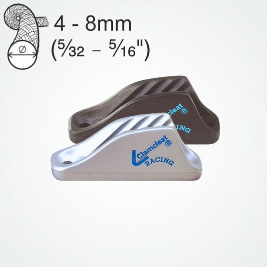 ClamCleat® Alu Ouvert Racing Midi ø4 à 8mm en aluminium, idéal pour verrouiller rapidement les cordes de haute qualité, présenté en gros plan.